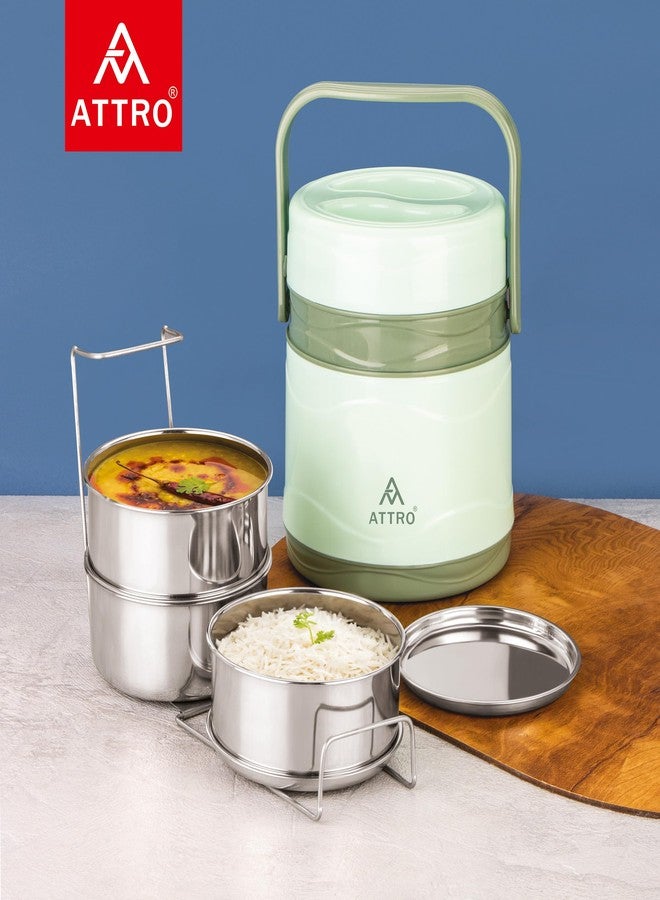ATTRO Vogue 3 Insulated Stainless Steel Tiffin - 3 Tier Lunch Box with Carry Handle, BPA-Free, Leak-Proof & Durable, Ideal for School, Office, Home, Travel, Picnic & Daily Use - Green - Image 4